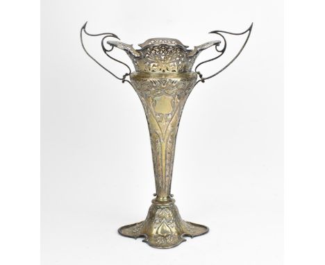 A large Edwardian silver Art Nouveau style vase by Walker &amp; Hall, Sheffield 1908, of tapered form with foliate pierced lo