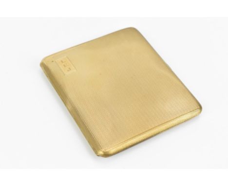 An Art Deco 9ct yellow gold cigarette case by Walker &amp; Hall, circa 1930, of cushion form with engine turned design and in