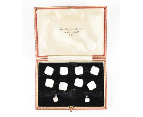 A boxed set of 9ct white gold and mother of pearl cufflinks and shirt studs, in silver and velvet lined box, 11.5 grams 