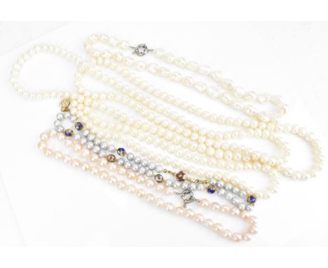 A small collection of single strand pearl necklaces, to include a cultured white pearl necklace with 14ct yellow gold clasp, 