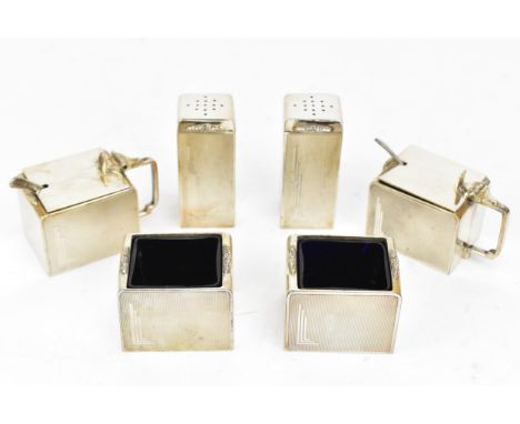 An Art Deco George V silver cruet set by Walker &amp; Hall, Sheffield 1936, comprising a pair of salts, salt and pepper shake
