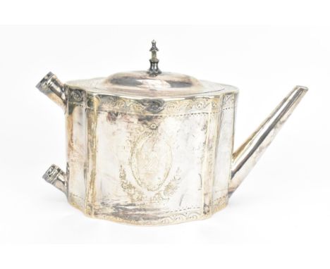 A George III silver teapot by William Vincent, London 1785, of freeform with bright cut and stippled decoration and scroll fr