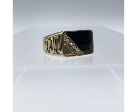 Beautiful gold toned ring with incrusted crystals and black enamel. Ring Size 7. Issued: 20th centuryDimensions: See Descript