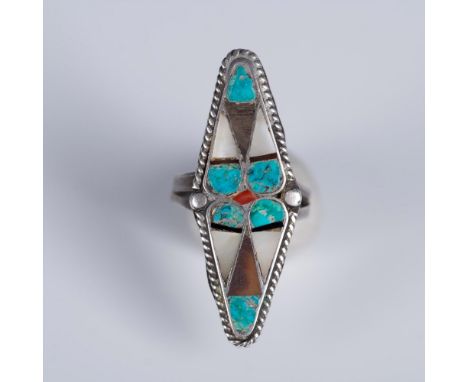 Stunning Southwestern Native American sterling silver ring inlaid with chips of turquoise, mother of pearl, and tortoiseshell