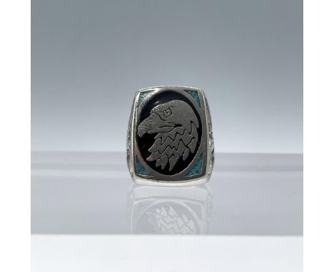 Beautiful silver toned with enamel details and turquoise inlaid. Featuring two carved eagle scenes on the sides. Ring size: 8