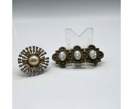 Lot includes Voice 1930s Victorian Cabochon Metal pin (2.75"L) and rhinestone and faux pearl Size 9 metal ring. Issued: 20th 