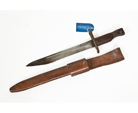 CANADIAN 1907 PATTERN MARK II BAYONET
maker Ross Rifle Company of Quebec, with tan leather scabbard, 40cm long