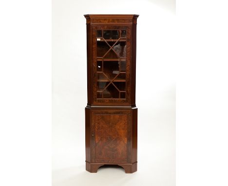 VICTORIAN WALNUT AND MAHOGANY CORNER DISPLAY CABINETon bracket feet, 192cm high