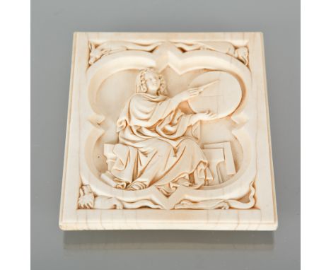 19TH-CENTURY DIEPPE CARVED IVORY PANEL
of rectangular form, the quatrefoil carved with a female saint, 11cm high