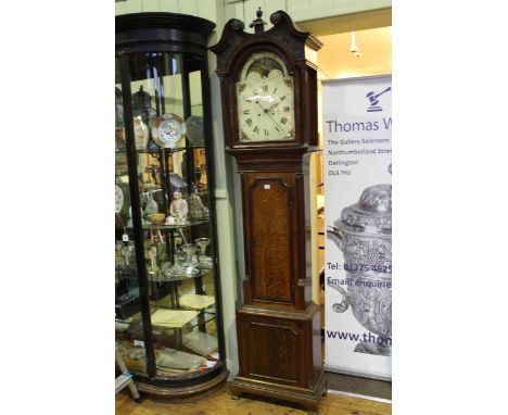 Late Georgian inlaid oak eight-day longcase clock, having painted dial within scroll topped hood with fluted columns, 244cm h
