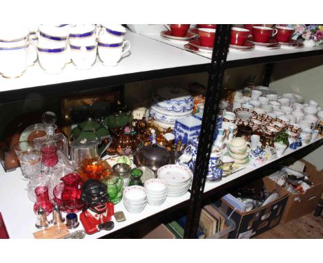 Large collection of ceramics, coloured glass, antique tea bowls, commemoratives, Americana money box, mantel clock, metalware