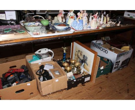 Six boxes of Ringtons, Greyhound trophies, electrical tools, teaware, ladies bags, modern carriage lamps, etc.