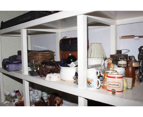 Shelf assortment of wood bowls, 78 records, advert ashtrays, lantern, steins, ceramics, etc.