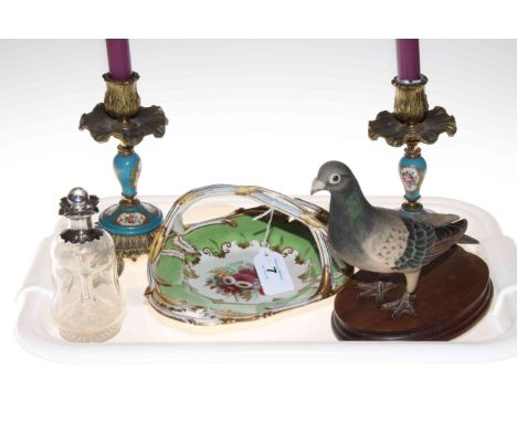 Pair of enamel and ormolu candlesticks, floral decorated sweet dish, Border Fine Arts pigeon and small silver topped decanter