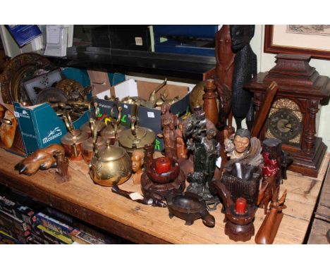 Assortment of brass, copper kettles, wall plaques, mantel clock, globe, tribal art, etc.