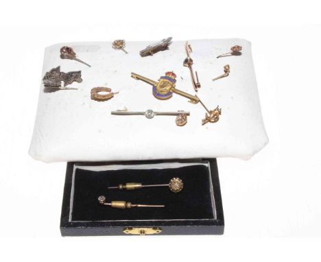 Two gold and diamond set stick pins, one 15 carat gold, and collection of other pins and brooches.