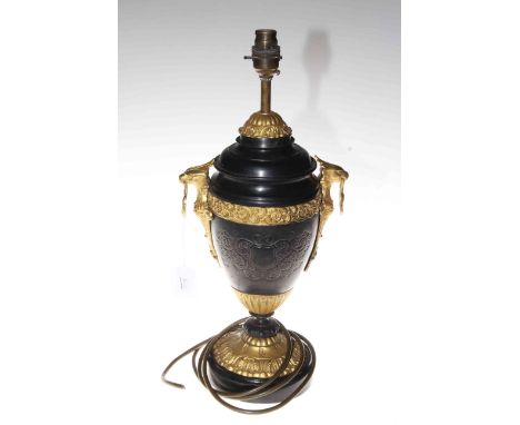 Victorian parcel gilt urn shaped oil lamp base converted to table lamp, having ring handles.