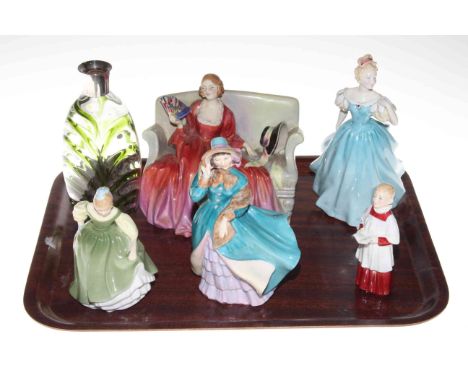 Five Royal Doulton figures, Sweet &amp; Twenty, Enchantment, Fair Maiden, Delphine and Choir Boy, and silver topped decanter.