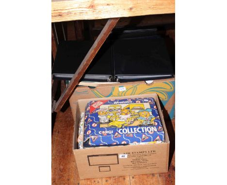 Two boxes of loose worldwide stamps, Weetabix toy car set, approximately £30 presentation pack face value, Squadrons of the R