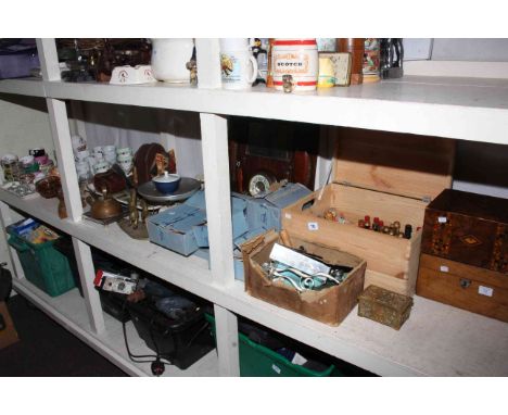 Shelf assortment including miniatures, sewing boxes, ceramics, glass, scales, barometer mirror display, wicker ottoman, etc.