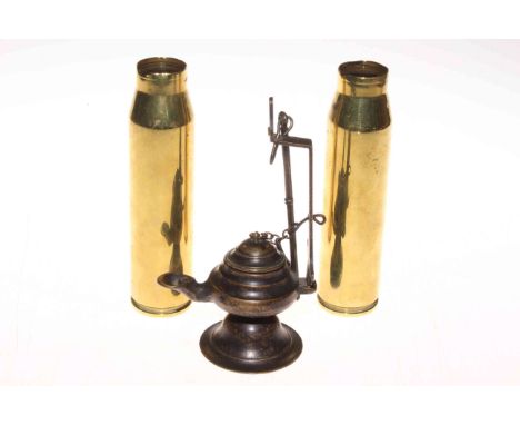 Pair small brass shell cases and a whale oil lamp.