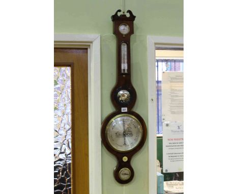 Inlaid mahogany wheel barometer and thermometer, with convex mirror.