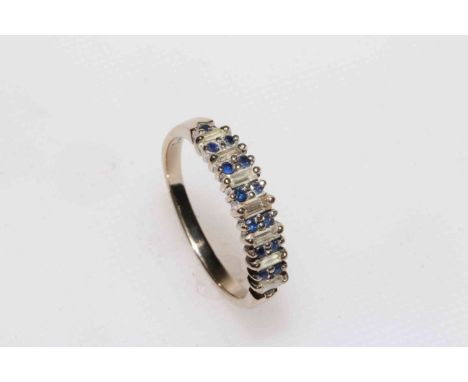 18 carat gold, sapphire and baguette diamond ring, size R/L.