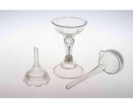 Late 18th Century large pedestal sweet meat glass with folded foot, 19th Century crystal funnel and ladle (3).
