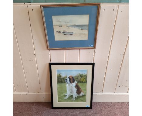 A framed pastel portrait of a St Bernard dog signed Carol Critoph '94 plus a framed watercolour of Dunwich beach signed J Ful