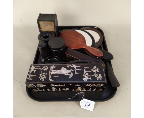 Ebony dressing table items plus a vintage clock with ballerina (as found) and an inlaid with mother of pearl glove box