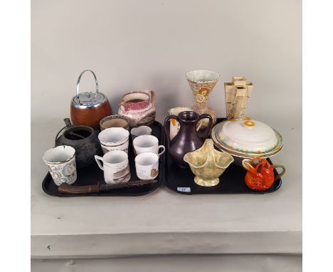 Assorted items including 1930's Art pottery, Staffordshire Sunderland Bridge pink lustre jug (as found), a Chinese grey potte