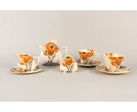 A Clarice Cliff 'Viscaria' pattern part 'tea for two' service (lacking one plate for the trio), includes teapot, two cups and