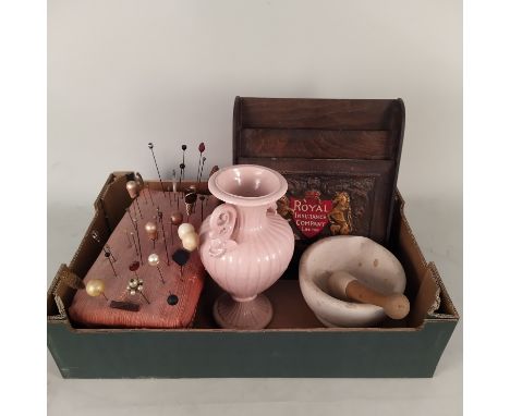 A selection of hat pins, pestle and mortar, a pink vase plus a Royal Insurance Co Ltd desk leaflet holder