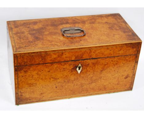 19th century burr walnut inlaid tea caddy with fitted interior and central mixing bowl, 30cm.