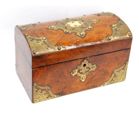 Victorian walnut domed top tea caddy with brass, fitted with two lidded compartments, 21cm.