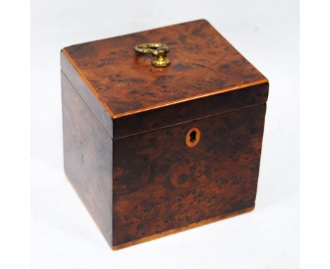 19th century inlaid walnut tea caddy with ring handle, 10cm.