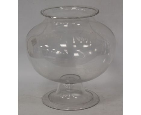 George III glass lacemaker's lamp, the bulbous bowl with folded rim, on a trumpet-shaped circular pedestal with folded foot, 