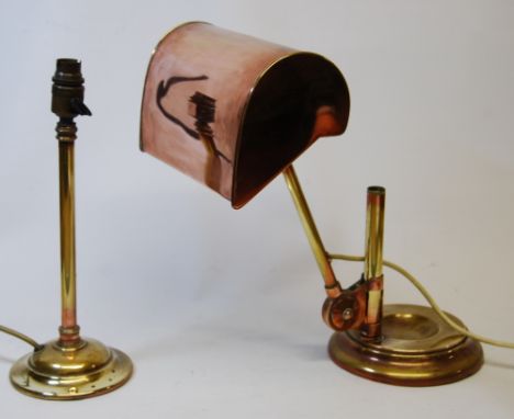 Early 20th century brass and copper desk lamp, 45cm high, and a brass column table lamp, 33cm.