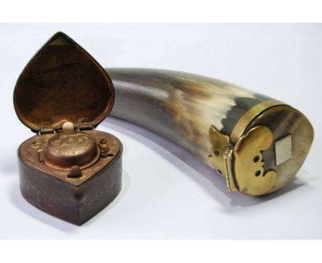 19th century Scottish horn snuff mull with brass mounts and a heart-shaped travelling inkwell.