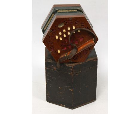 Victorian Louis Lachenal twenty-one button mahogany concertina, serial no. 13969, with numbered bone buttons, in original lea