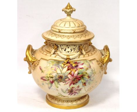 Royal Worcester blush ivory porcelain vase and cover, painted with flowers, pat. no. 1428, unsigned, puce mark for 1892, 37cm