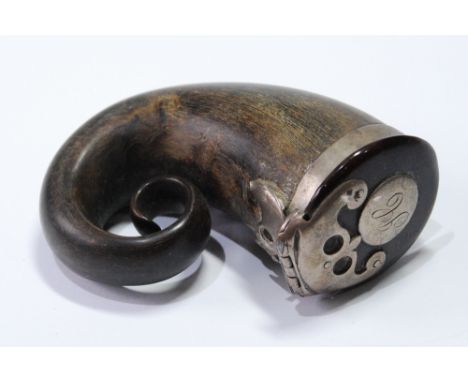 19th century Scottish white metal mounted curly horn snuff mull, 9cm.