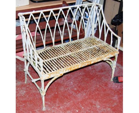 Late Victorian Sheraton Revival white painted cast iron bench with lattice design, 102cm long. Condition Report One bar to th