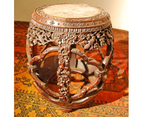 Chinese carved rosewood drum-shaped jardiniere stand with rouge marble panel, 51cm high. Condition Report Marble top is heavi