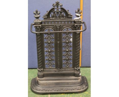 Victorian cast iron stick stand with two pieced panels, diamond registration mark to the rear, 83cm high and 45cm wide. Condi