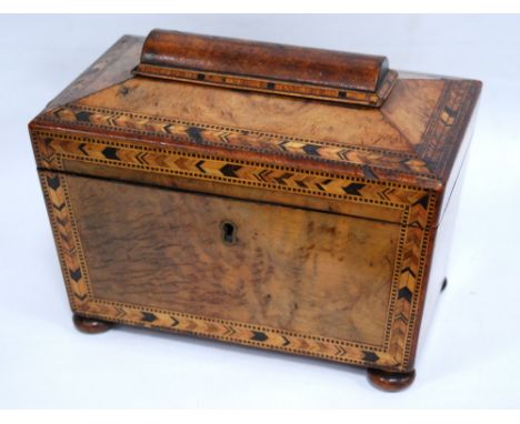 19th century walnut and Tunbridge ware sarcophagus tea caddy with twin compartments, 19cm.