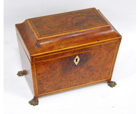 19th century inlaid mahogany tea caddy on brass paw feet, 19cm.