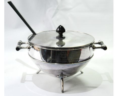Christopher Dresser, an interesting and rare EP soup tureen, hemispherical, with vertical edge and ebony billet handles, the 