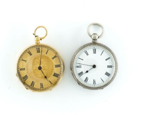 AN 18K GOLD CASED KEY WOUND FOB WATCH AND A SILVER FOB WATCH (2)The gilt dial engraved with a floral spray to the centre, wit