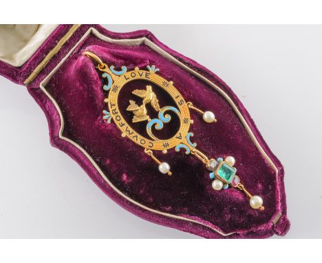 A VICTORIAN GEM SET LOVE BIRDS PENDANTSet with an emerald, ruby, rose cut diamond, pearls, turquoise and coloured enamels, wr